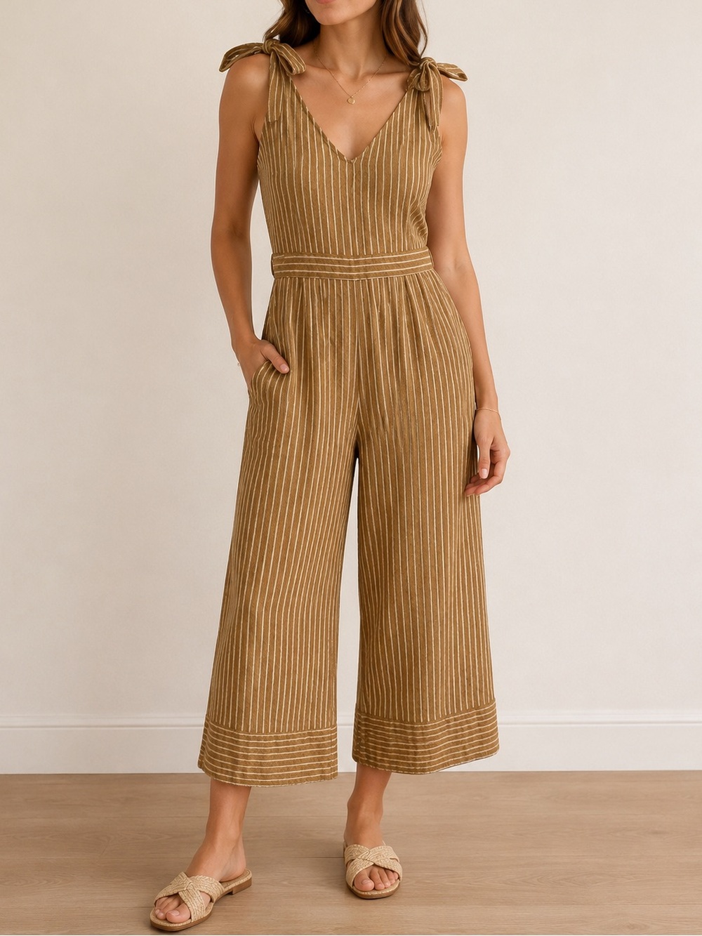 FRNCH Paris Striped Wide Leg Jumpsuit Tie Straps Boho Olive Green Beige Medium